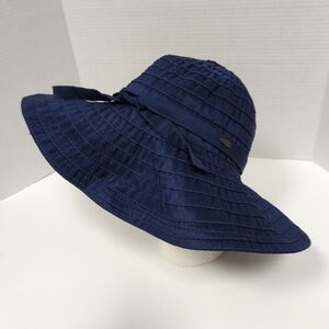 Vintage Scala Pronto Sun Hat Ribboned Wide Brim Light Weight Navy S/M